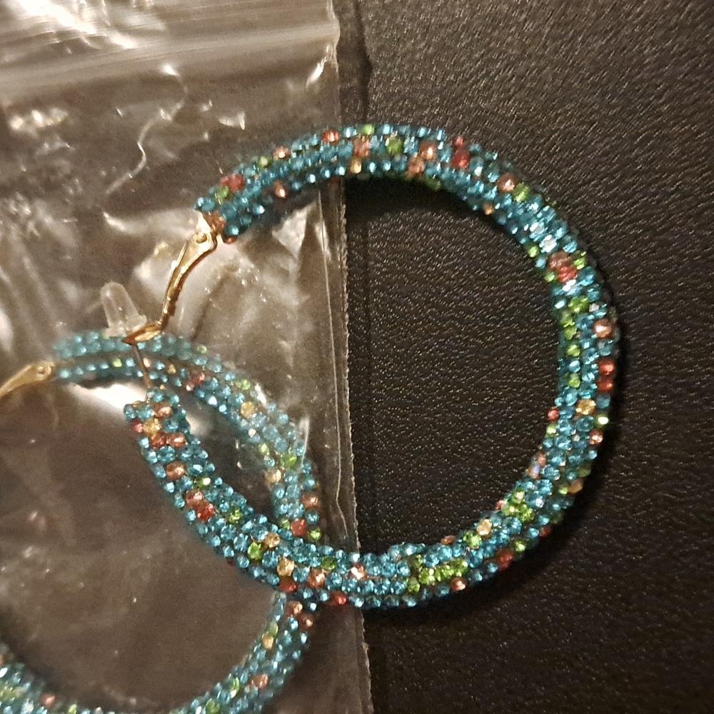 Teal Sparkle Gem Hoop Pageant Earrings